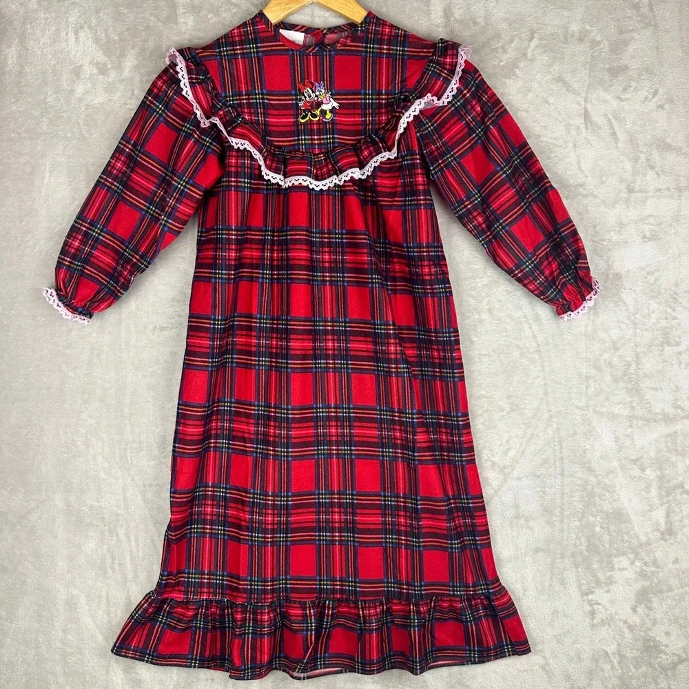 Disney‎ Store Girls Size 6 Red Plaid Minnie Mouse Daisy Duck Nightgown Lace Trim